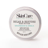 Body butter container labeled 'SkinCare Social Club Relax & Restore' on a white background